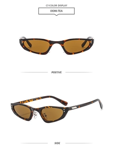 Vues de face et de côté de lunettes de soleil étroites à monture écaille et verres bruns
