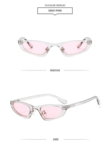 Détails de lunettes de soleil œil de chat avec monture grise transparente et verres roses de deux angles