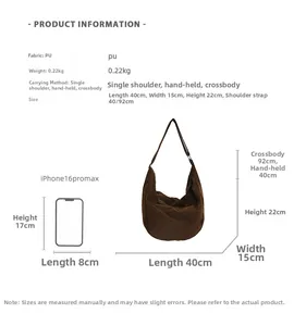 Detailed technical diagram of dark brown PU leather hobo bag showing dimensions and structure