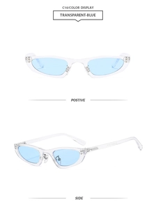 Détail de lunettes de soleil œil de chat bleu transparent avec verres teintés