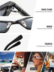 Détails des plaquettes, charnières et branches de lunettes de soleil carrées noires