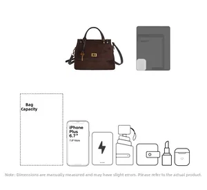 Detailed capacity infographic for brown matte handbag showing space for a 6.7 inch smartphone