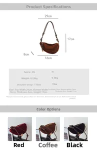 Detailed size chart and specifications for the suede PU leather half-moon crossbody bag