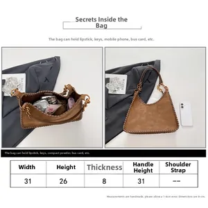 Detailed size specifications for the vintage woven shoulder bag with suede texture