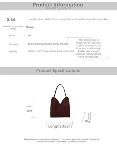 Größentabelle für Vintage PU-Leder Beuteltasche mit Maßen 35x10x25cm und Kapazität