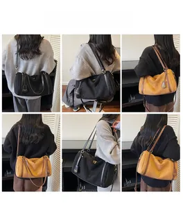Collage of large matte crossbody pillow bags in black and brown styles for women