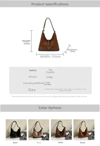 Detailed size specifications and color options for the suede hobo tote shoulder bag