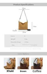 Detailed chart showing PU suede shoulder bag dimensions, strap length, and color options