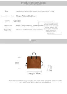 Tabella taglie dettagliata per la borsa tote grande in camoscio con misure 38x14x33cm e dati