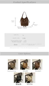 Detailed size chart and multi-color options for stylish PU leather drawstring bucket bag
