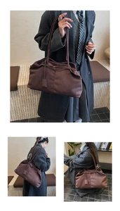Close-up of brown faux suede tote bag featuring side drawstring detail and long shoulder straps