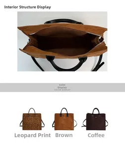 Viste dettagliate dell'interno e dell'esterno di una grande borsa tote in pelle scamosciata