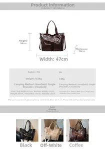 Detailed technical view of large PU leather tote bag dimensions and multi-color options