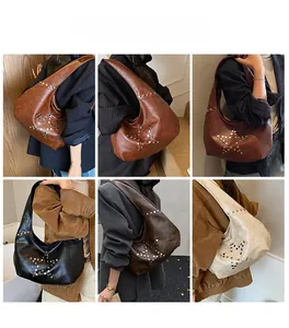 Collage of retro shoulder bags with star-shaped metal studs in four assorted colors