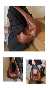 Three-way collage of a brown faux leather hobo bag with silver star-shaped rivets