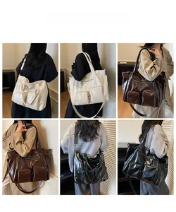 Detailed views of vintage large tote bag in white, dark brown, and black washed leather