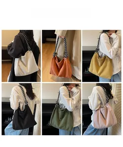 Collage of multi-color corduroy tote bags with stylish checkered strap on female models