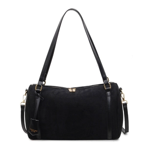 Black suede Boston bag with gold hardware and dual shoulder straps on white background