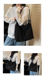 Detailed view of black corduroy tote bag with black and white checkered woven wide strap