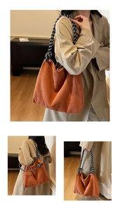 Detail of caramel corduroy tote with dual-tone braided rope strap on khaki trench coat