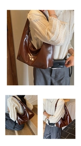 Three-way view of brown glossy hobo bag showing large capacity and elegant shoulder fit