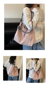 Detail of pink corduroy tote bag featuring stylish black and white checkered rope strap