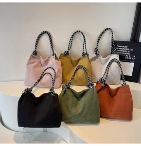 Corduroy tote bags in six colors featuring stylish woven knot shoulder straps