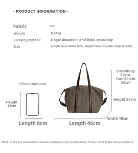 Large dark brown canvas tote bag size comparison with dimensions and iPhone reference