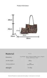 Dimensioni dettagliate della borsa tote leopardata con altezza del manico e corpo