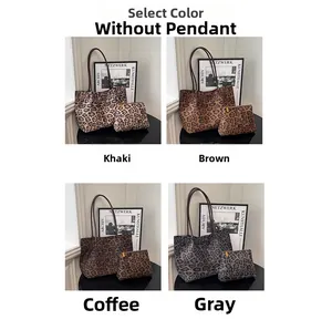 Dettaglio dei set di borse tote leopardate nei colori kaki, marrone, caffè e grigio