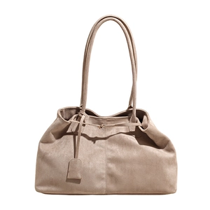 Retro grey tote bag in brushed matte leather with drawstring and shoulder strap