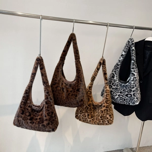 Sac À Épaule En Fausse Fourrure Imprimé Léopard Grande Capacité Sac Hobo Mode Hiver Fourre-Tout En Peluche