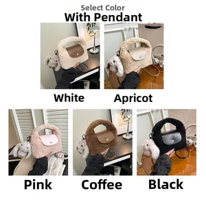 Detailed grid showing faux fur handbags with bunny charms in five trendy autumn colors