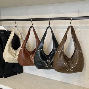 Retro hobo shoulder bag with rivet star pattern in beige, brown, black and green