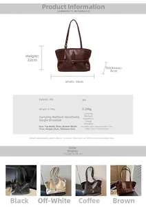 Size chart showing large PU leather tote bag dimensions and four available color options
