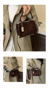 Detailed views of dark brown quilted handbag with golden twist lock and versatile straps