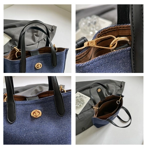 Detailed views of denim bag featuring gold twist lock, leather handles and striped lining
