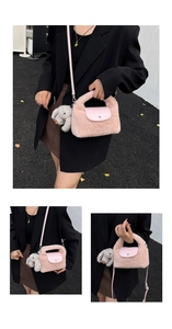 Detailed views of pink faux fur mini handbag with metal buckle and cute bunny charm