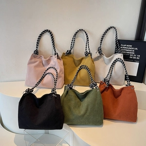 Retro corduroy tote bag in multiple colors with woven rope handles for winter