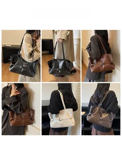 Collage of model wearing large capacity tote bags in black, brown, coffee, and beige
