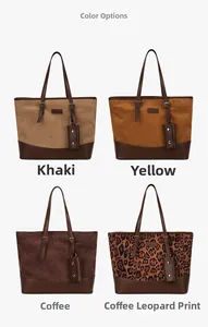 Detail view of large leopard print tote bags in four colors with adjustable handles