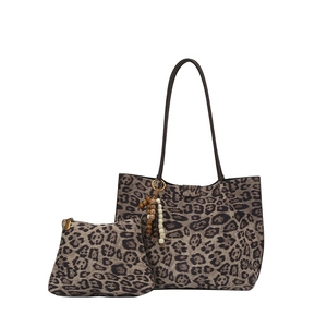Leopard print two-piece tote bag set with beaded tassel charm and matching pouch