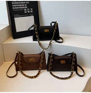 Détail de sacs à main à chaîne pour femmes en noir, marron et café sur l'étalage