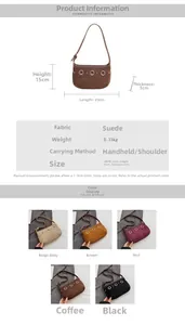 Detail showing suede handbag dimensions, metal ring handle, and color options
