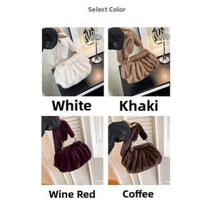 Sacs seaux plissés en fausse fourrure en blanc, kaki, rouge vin et marron café