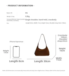 Brown vintage faux suede hobo bag size comparison with dimensions 30x11x16cm and strap detail