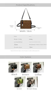 Detailed size specifications and five color variants of the quilted crossbody bag