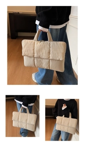 Detailed views of a beige quilted laptop bag with puffer texture and zipper closure