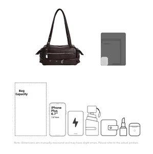 Detailed capacity chart showing coffee brown shoulder bag fitting smartphone and accessories