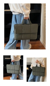 Detail of olive green quilted laptop bag with soft padded texture and sturdy handles